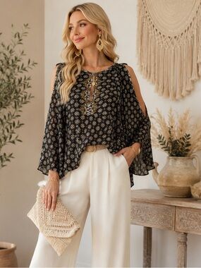 KAS NEWYORK Boho Cold Shoulder Baroque Printed / Geometric Flowers Blouse